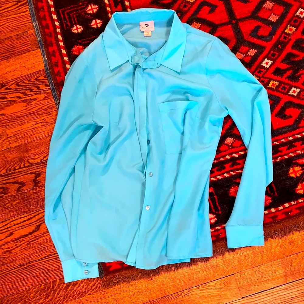 Flowy bright blue teal blouse with breast pocket